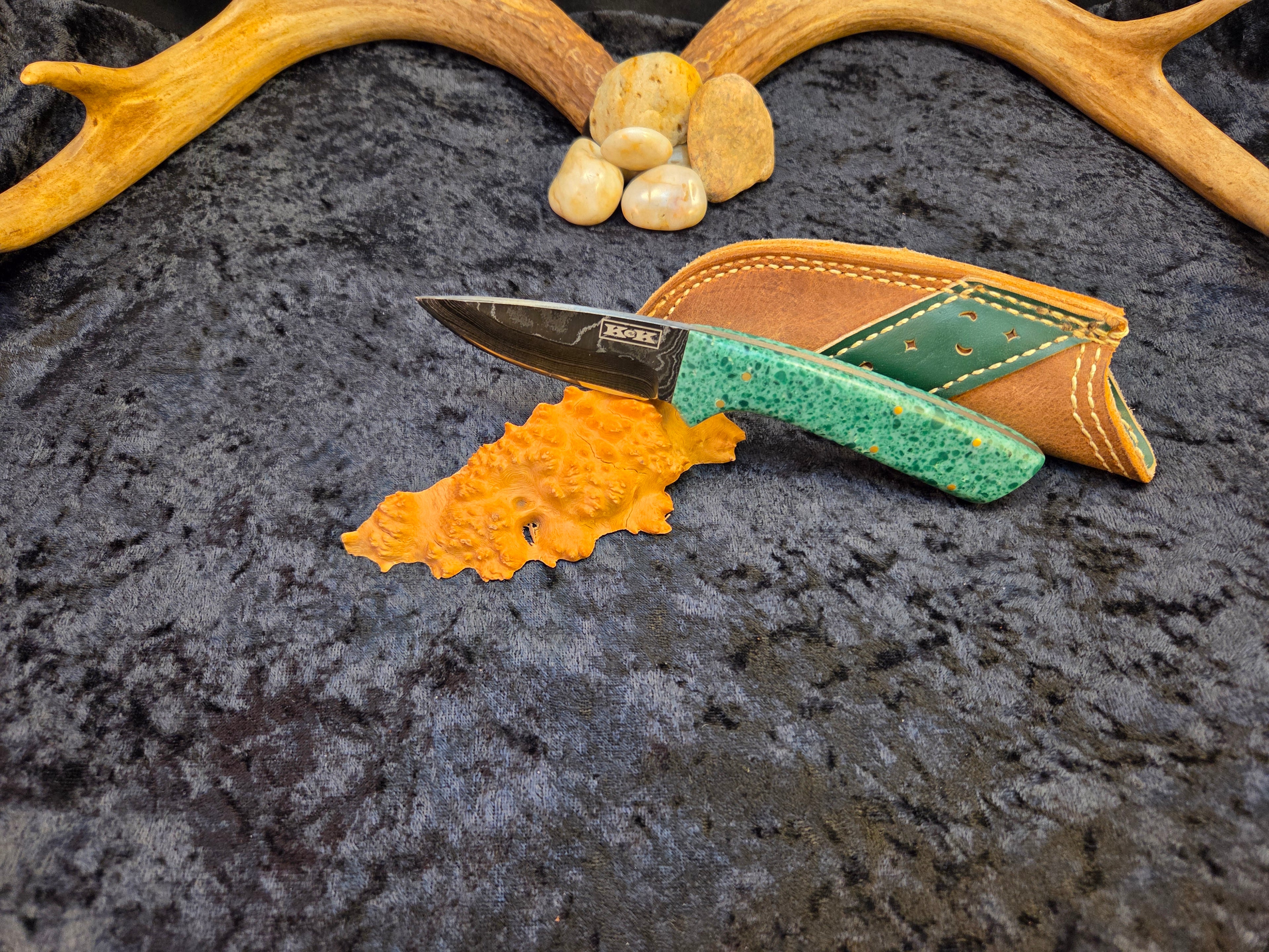 Full Tang Damascus Boot Knife Green