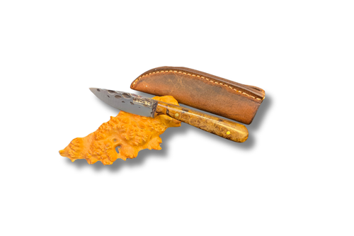 Full Tang EDC Chore Knife with Carbon Steel Blade and Maple Burl Handle on white background