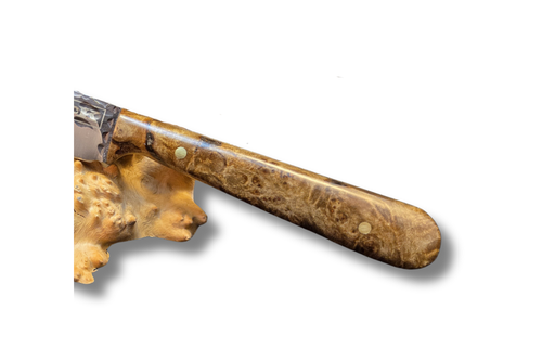 Close up of maple burl handle on Full Tang EDC Chore knife with white background