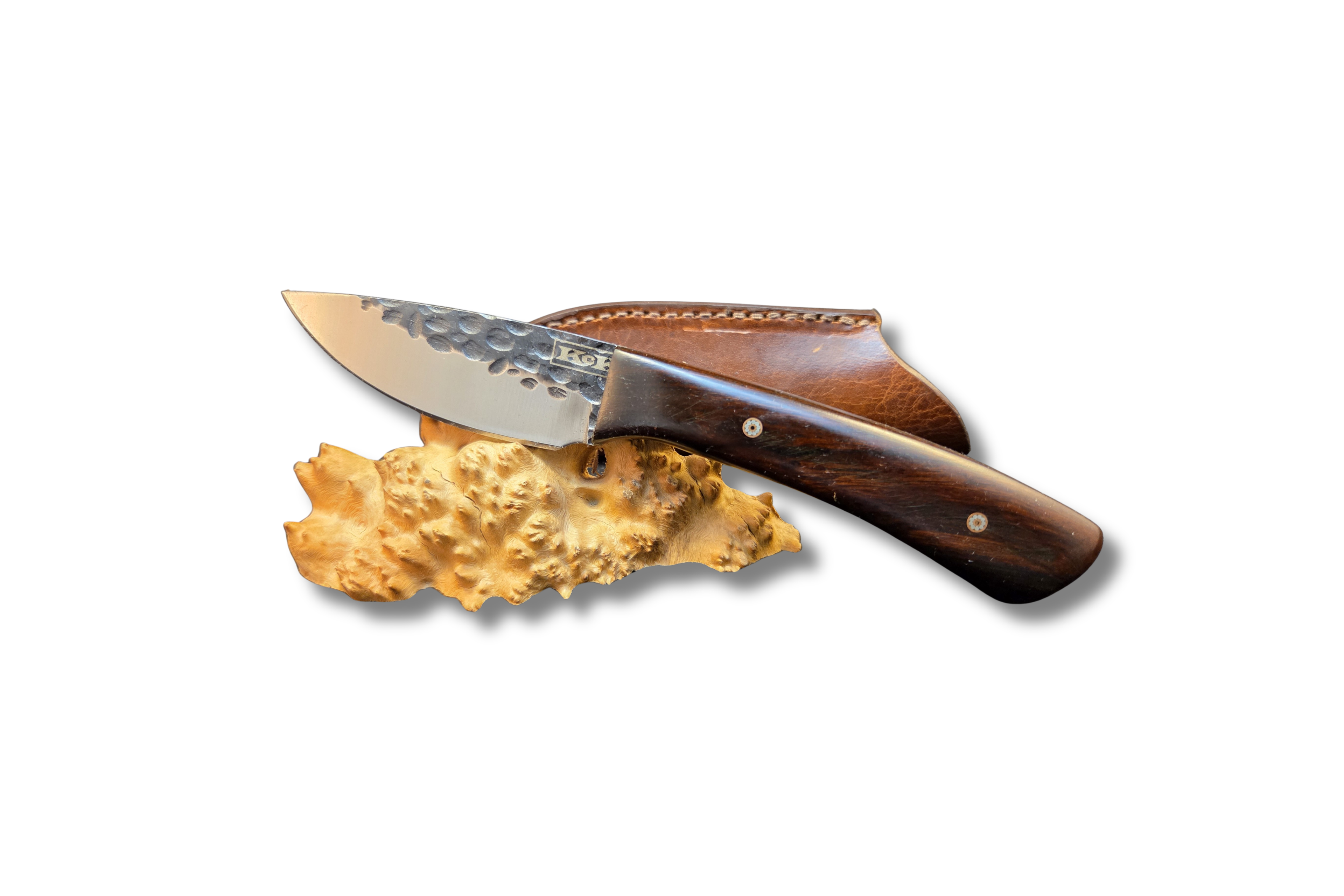 Full Tang Medium Skinner Knife with Hammered Blade, Desert Ironwood Handle and Customer Leather Sheath on white background