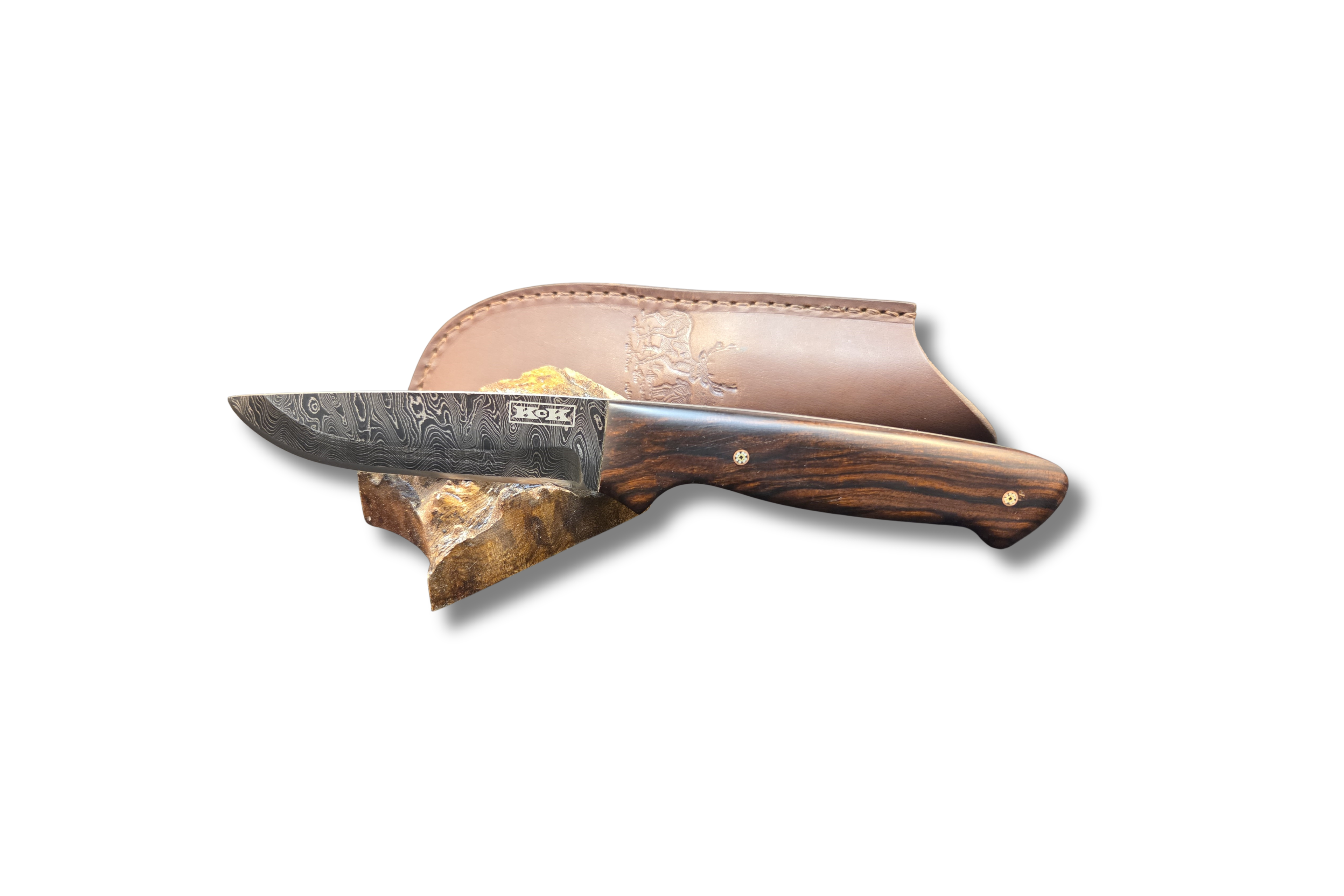 Image of Full Tang Medium Skinner Knife Damascus Blade Desert Ironwood Handle on white background
