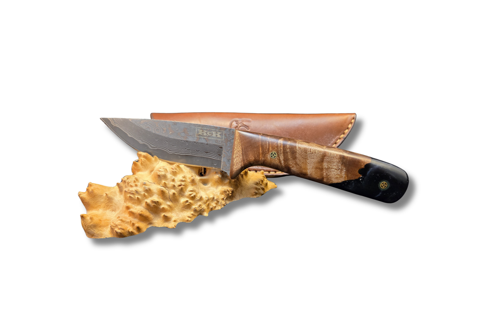 Full Tang Medium Skinner Knife with Damascus Blade and Maple Burl Black Resin Hybrid Handle