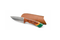 Full Tang Medium Skinner Knife with Red Molle Burl Green Resin handle and leather sheath on white background