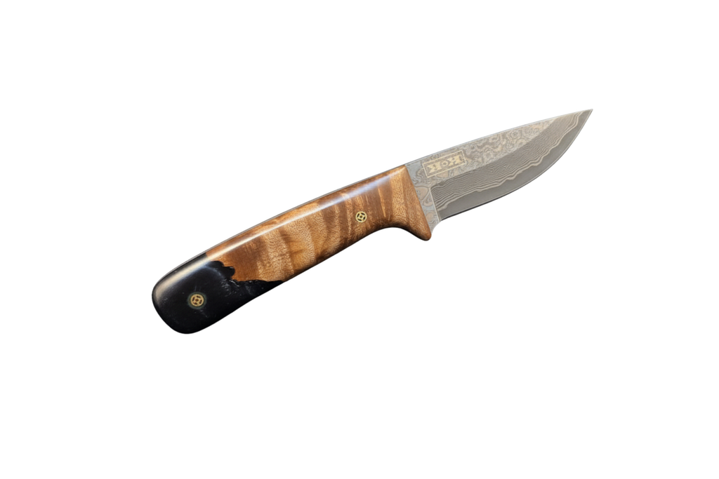 Skinner Knife Damascus Blade Maple Burl Handle on white background