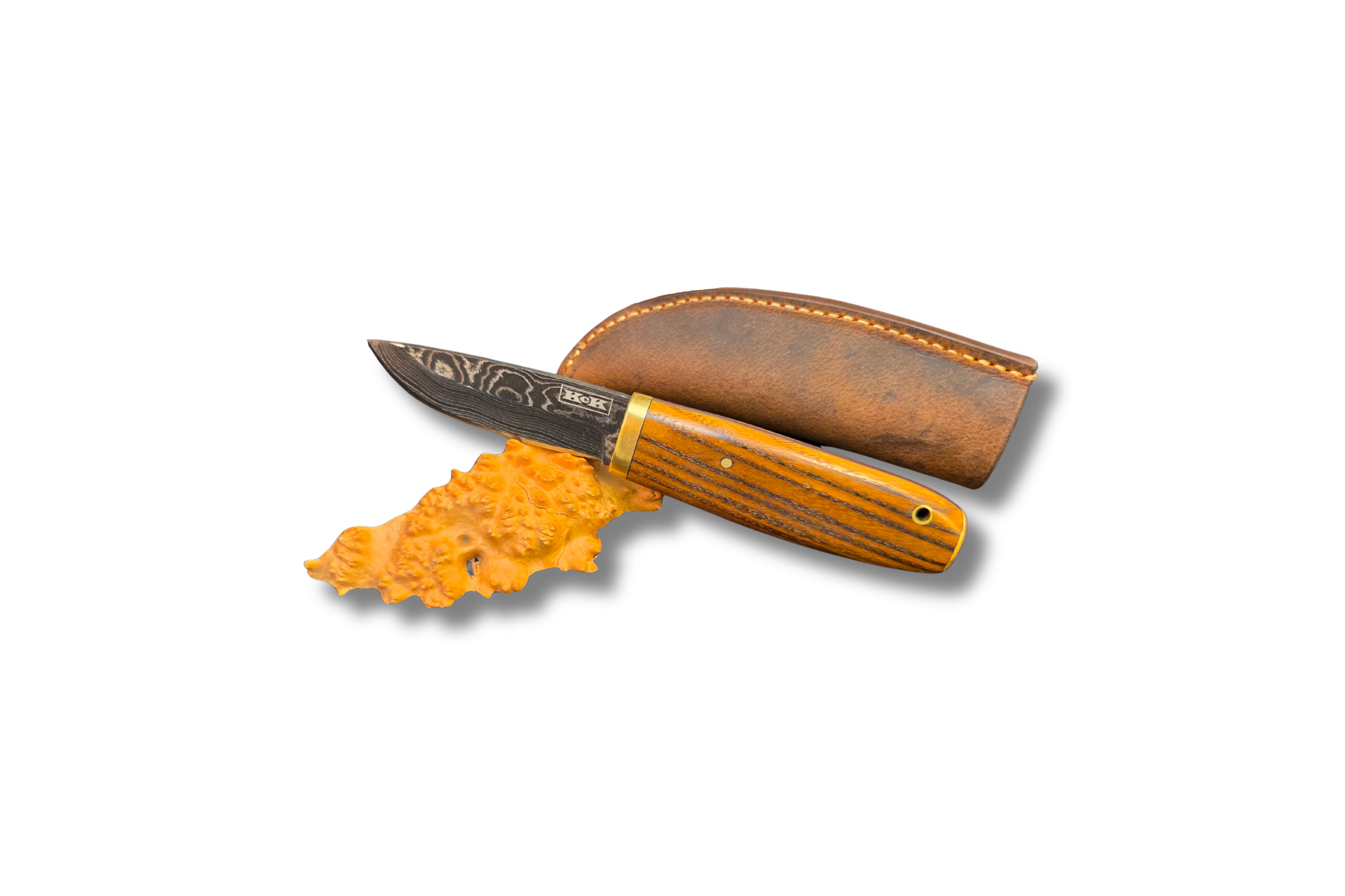 Hidden Tang Damascus Pucco Style Knife with Wormy Chestnut Handle on white background