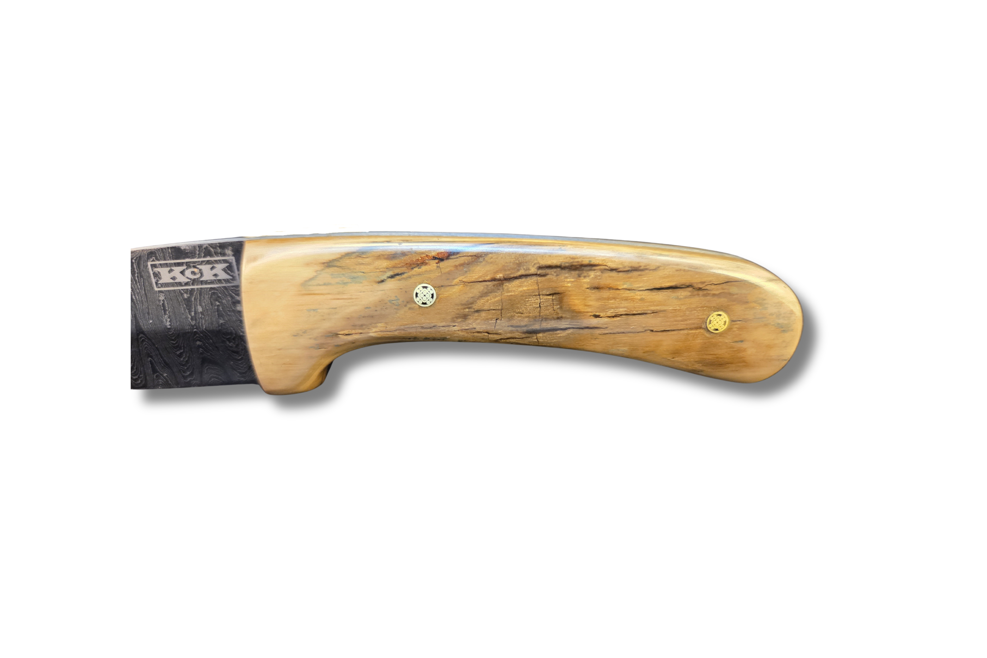  Close-Up of Large Damascus Skinner Knife with Mammoth Tusk Bark Handle on white background
