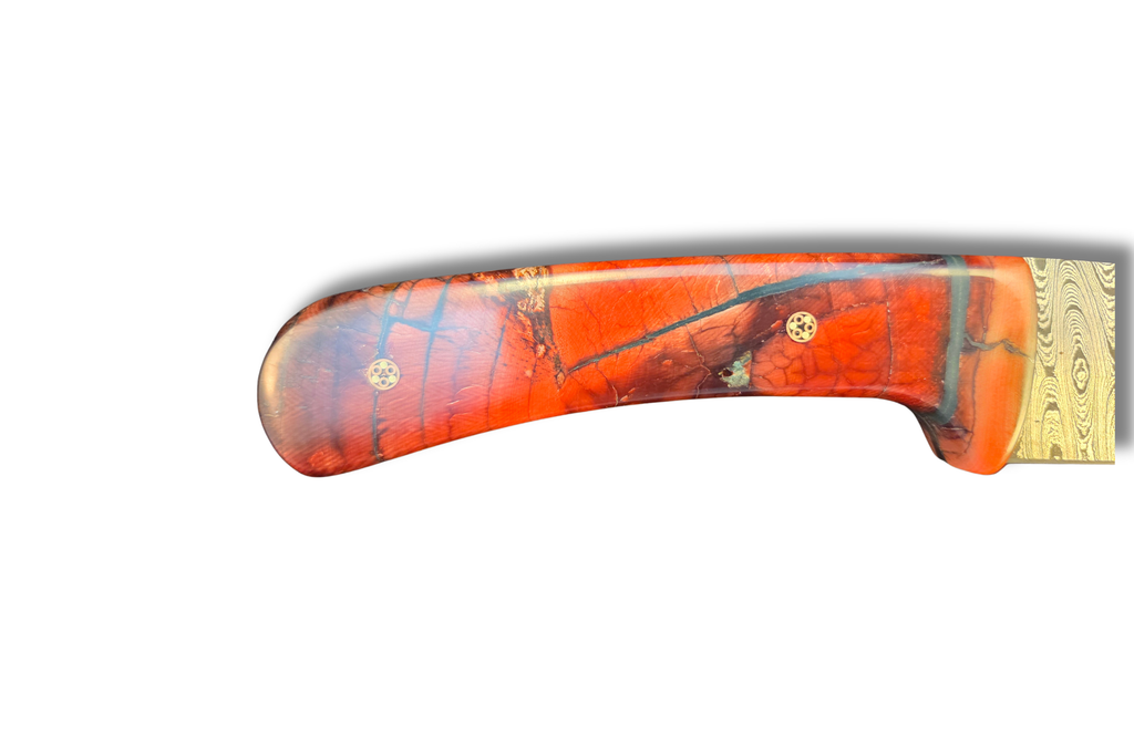 Damascus Skinner Knife with Mammoth Tooth handle: orange, red and blue details 