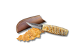 Pucco Knife with Mammoth Tooth handle and leather sheath on a white background